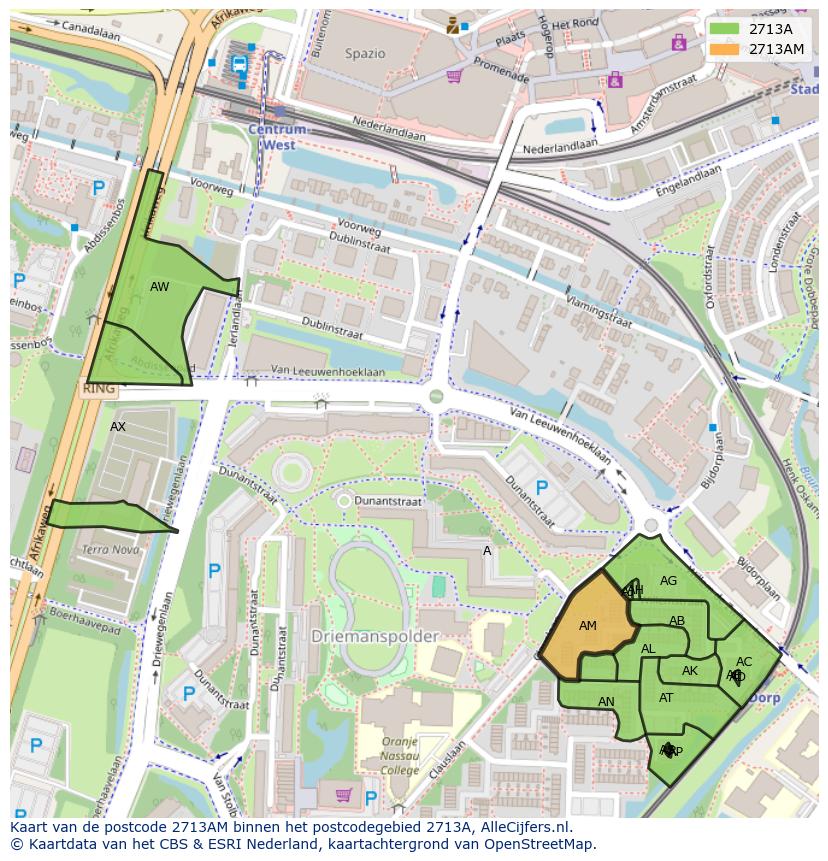 Afbeelding van het postcodegebied 2713 AM op de kaart.