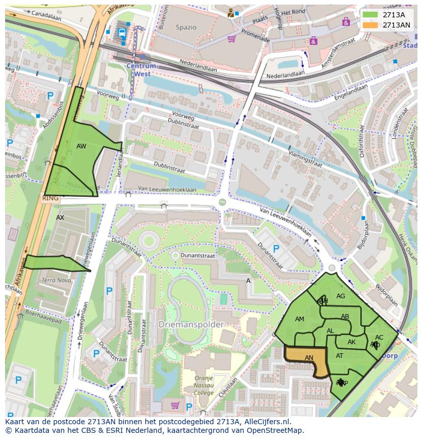 Afbeelding van het postcodegebied 2713 AN op de kaart.