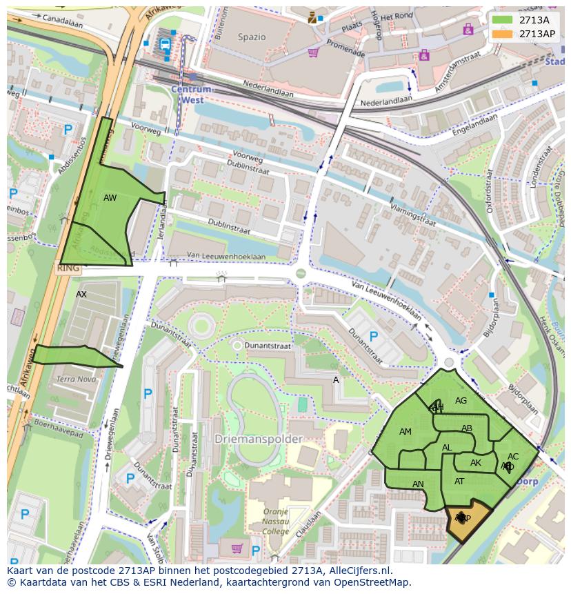 Afbeelding van het postcodegebied 2713 AP op de kaart.
