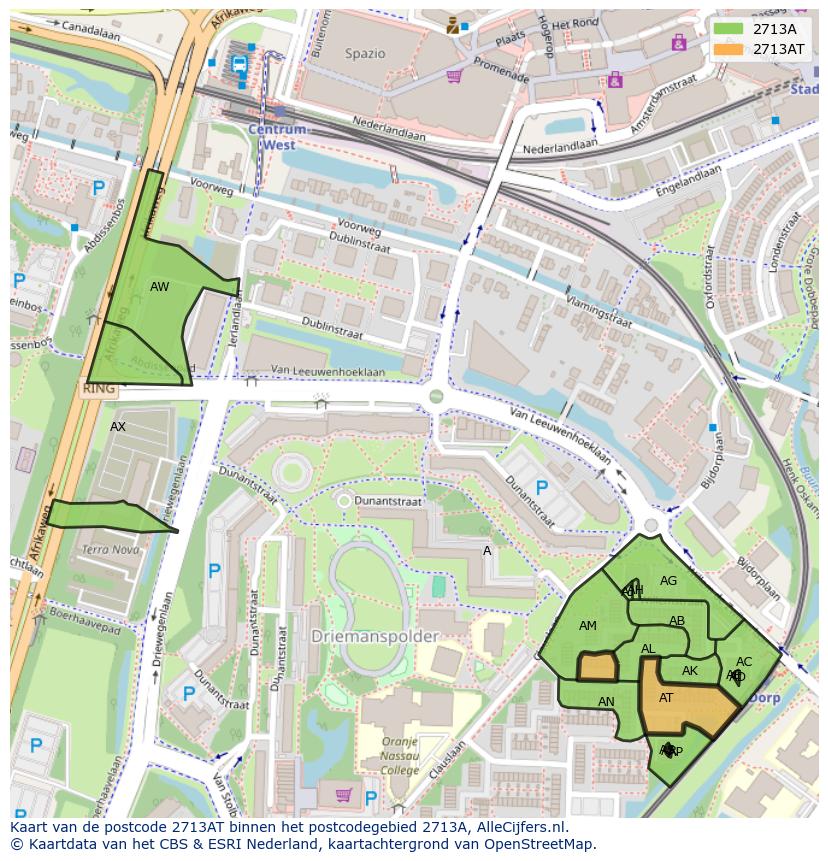 Afbeelding van het postcodegebied 2713 AT op de kaart.