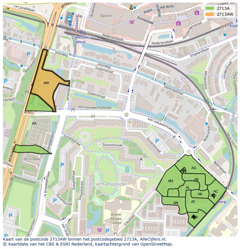 Afbeelding van het postcodegebied 2713 AW op de kaart.