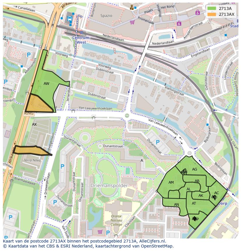 Afbeelding van het postcodegebied 2713 AX op de kaart.