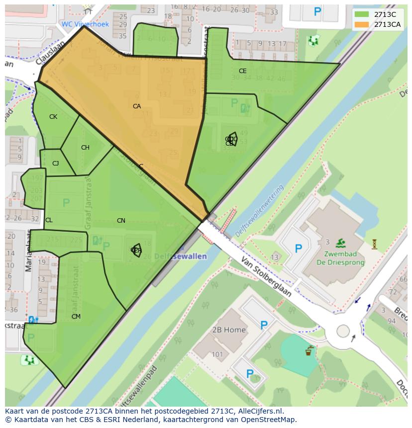 Afbeelding van het postcodegebied 2713 CA op de kaart.