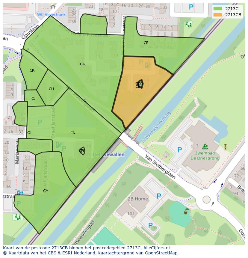 Afbeelding van het postcodegebied 2713 CB op de kaart.