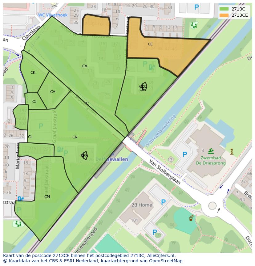 Afbeelding van het postcodegebied 2713 CE op de kaart.