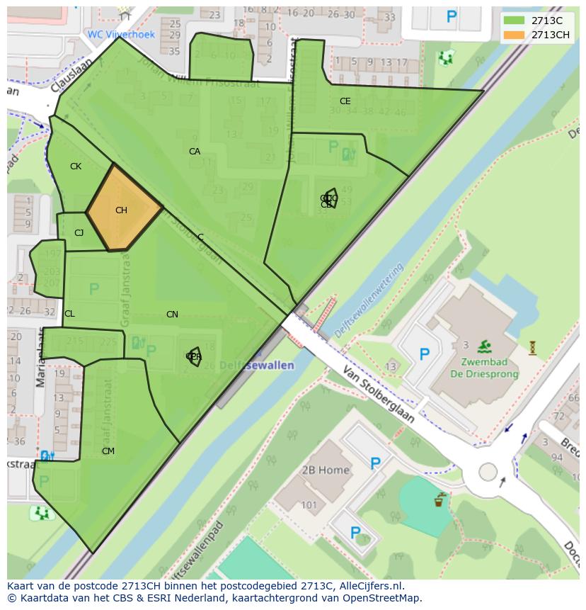 Afbeelding van het postcodegebied 2713 CH op de kaart.