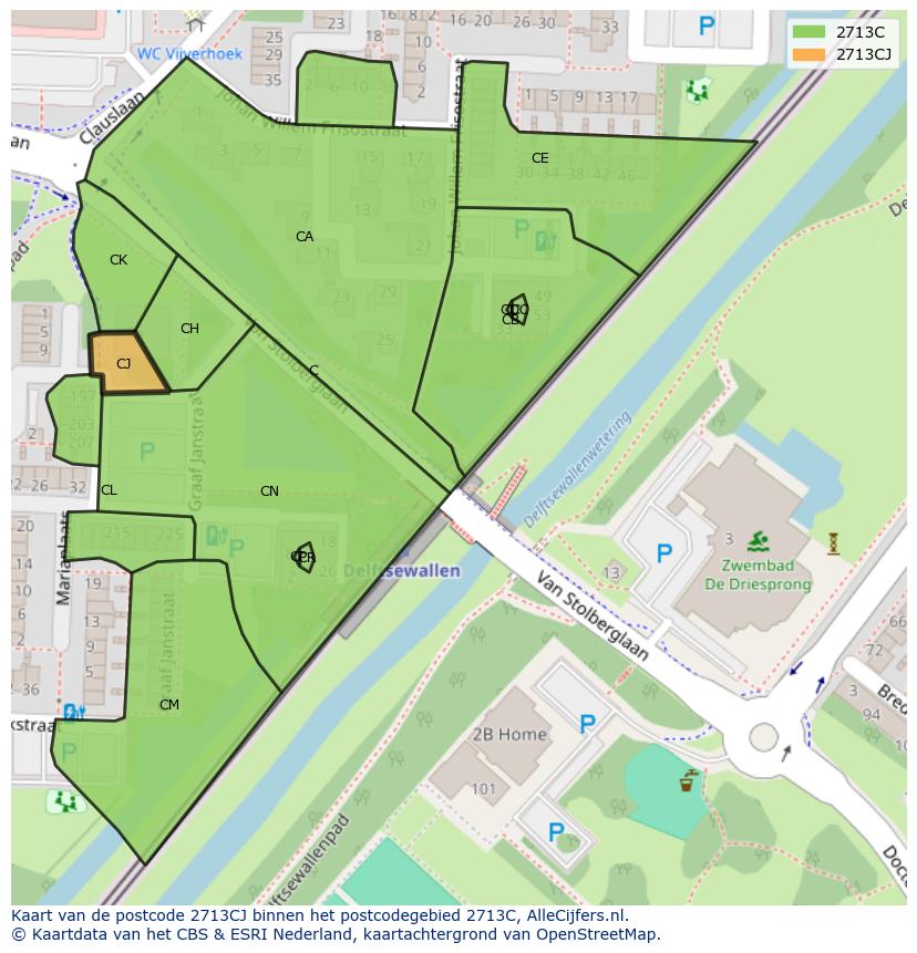 Afbeelding van het postcodegebied 2713 CJ op de kaart.
