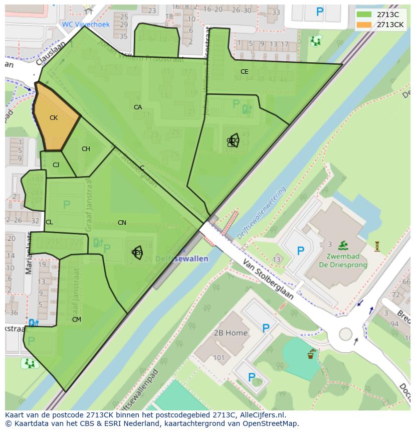 Afbeelding van het postcodegebied 2713 CK op de kaart.