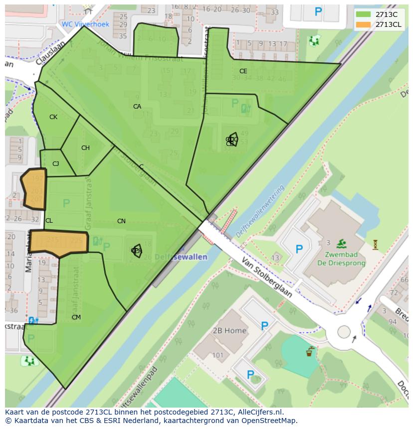 Afbeelding van het postcodegebied 2713 CL op de kaart.