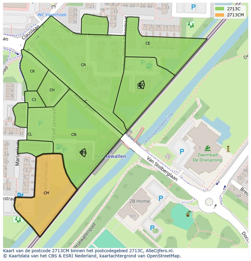 Afbeelding van het postcodegebied 2713 CM op de kaart.