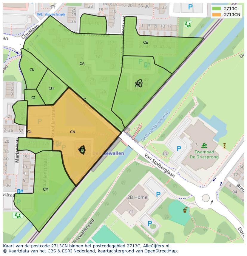 Afbeelding van het postcodegebied 2713 CN op de kaart.