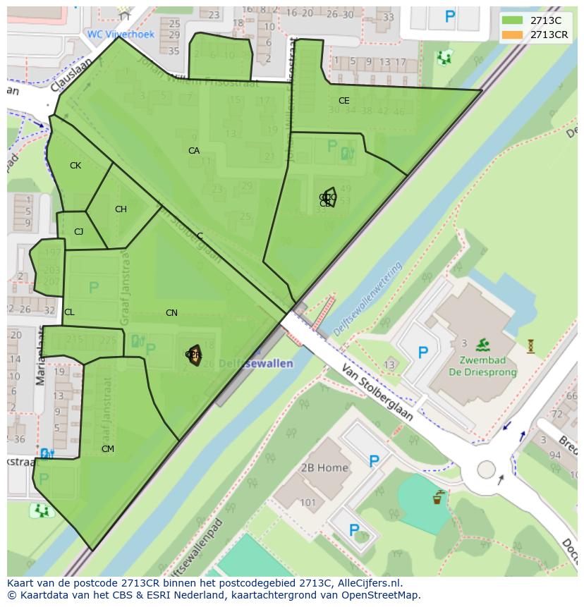 Afbeelding van het postcodegebied 2713 CR op de kaart.