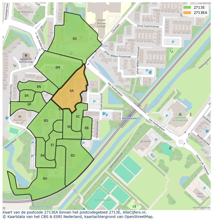 Afbeelding van het postcodegebied 2713 EA op de kaart.