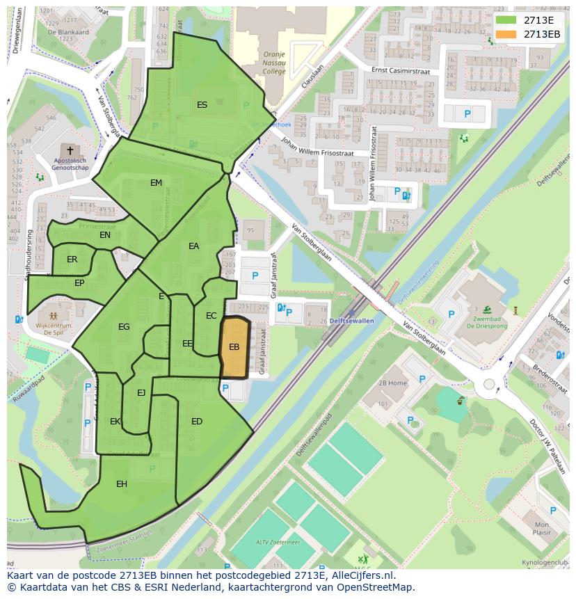 Afbeelding van het postcodegebied 2713 EB op de kaart.