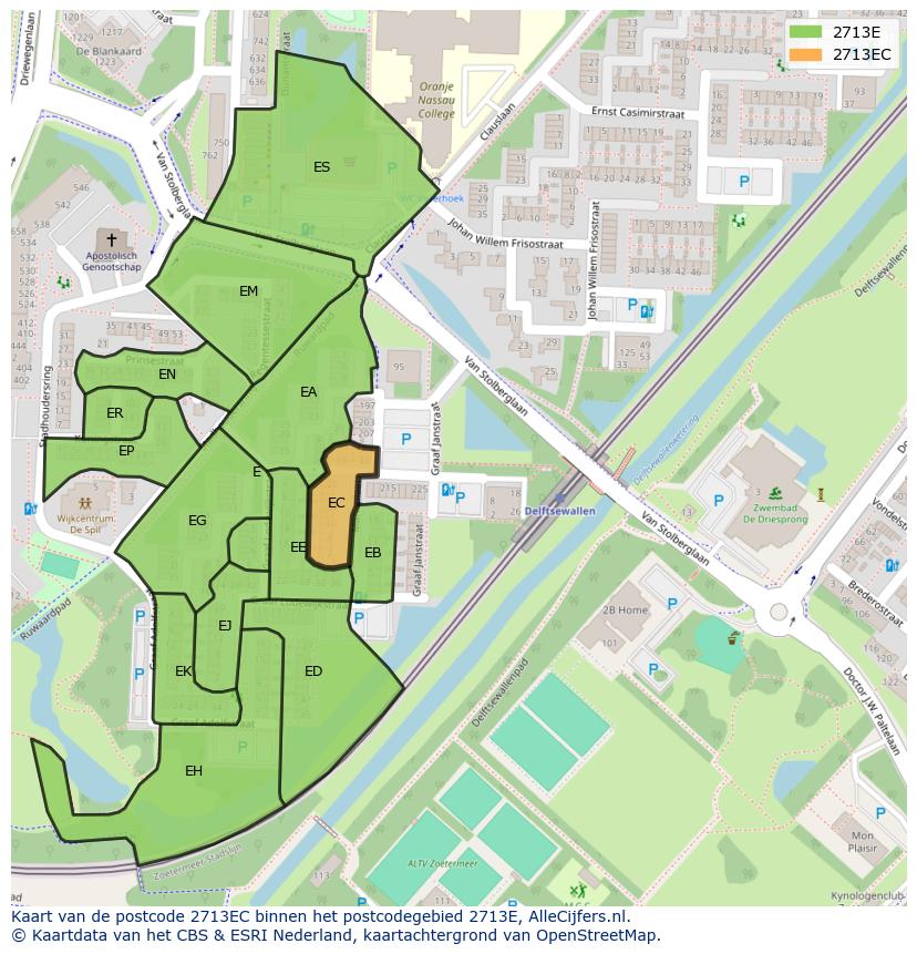 Afbeelding van het postcodegebied 2713 EC op de kaart.