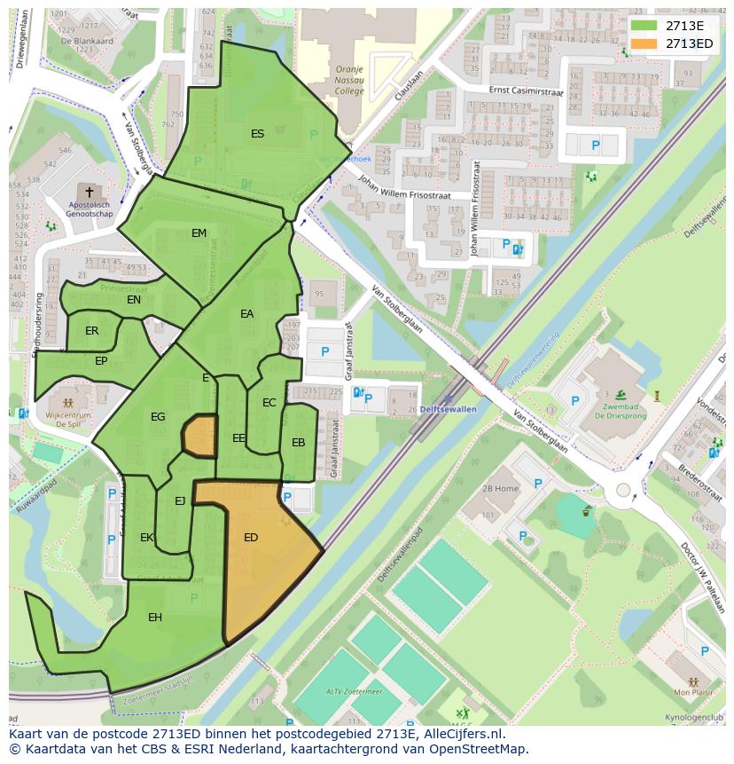 Afbeelding van het postcodegebied 2713 ED op de kaart.