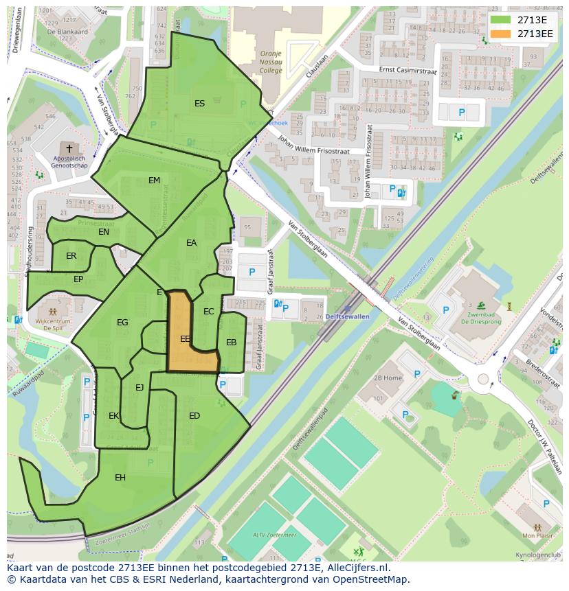 Afbeelding van het postcodegebied 2713 EE op de kaart.