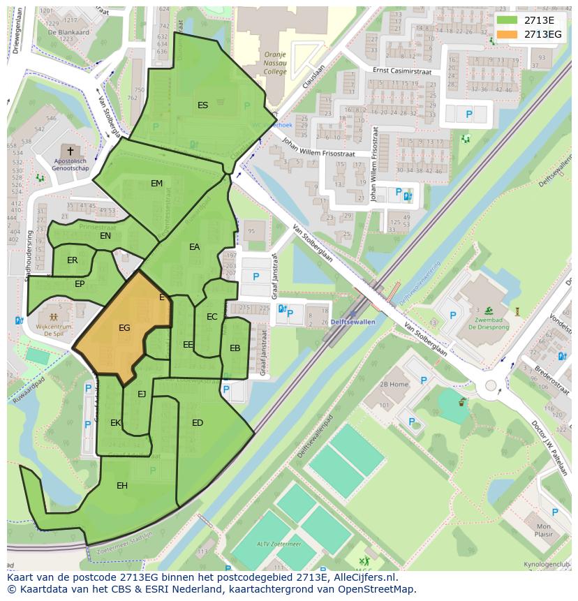 Afbeelding van het postcodegebied 2713 EG op de kaart.