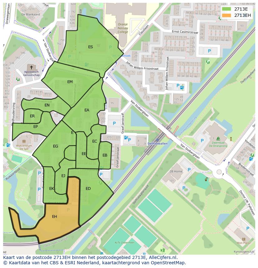 Afbeelding van het postcodegebied 2713 EH op de kaart.