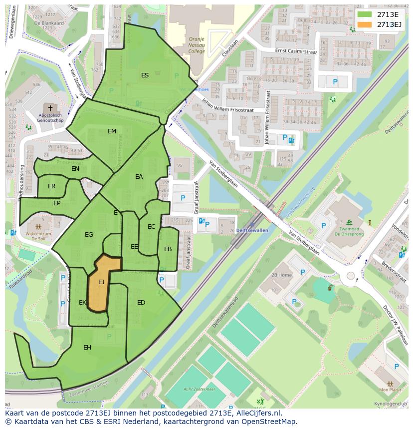 Afbeelding van het postcodegebied 2713 EJ op de kaart.