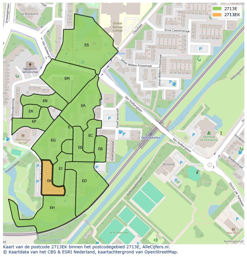 Afbeelding van het postcodegebied 2713 EK op de kaart.