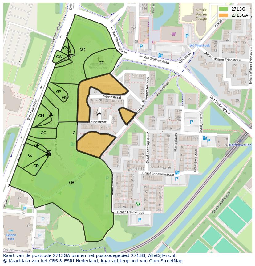 Afbeelding van het postcodegebied 2713 GA op de kaart.