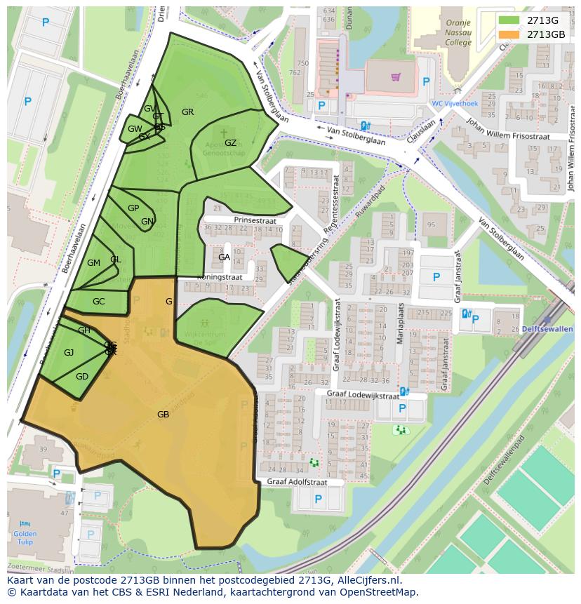 Afbeelding van het postcodegebied 2713 GB op de kaart.