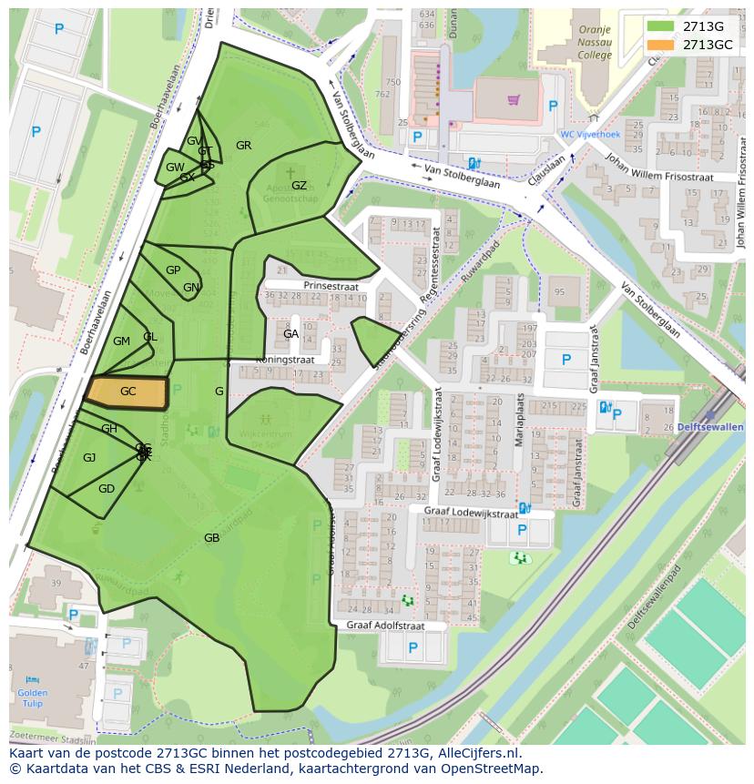 Afbeelding van het postcodegebied 2713 GC op de kaart.