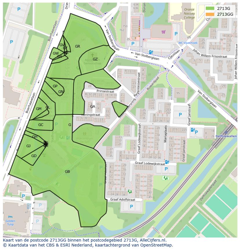Afbeelding van het postcodegebied 2713 GG op de kaart.