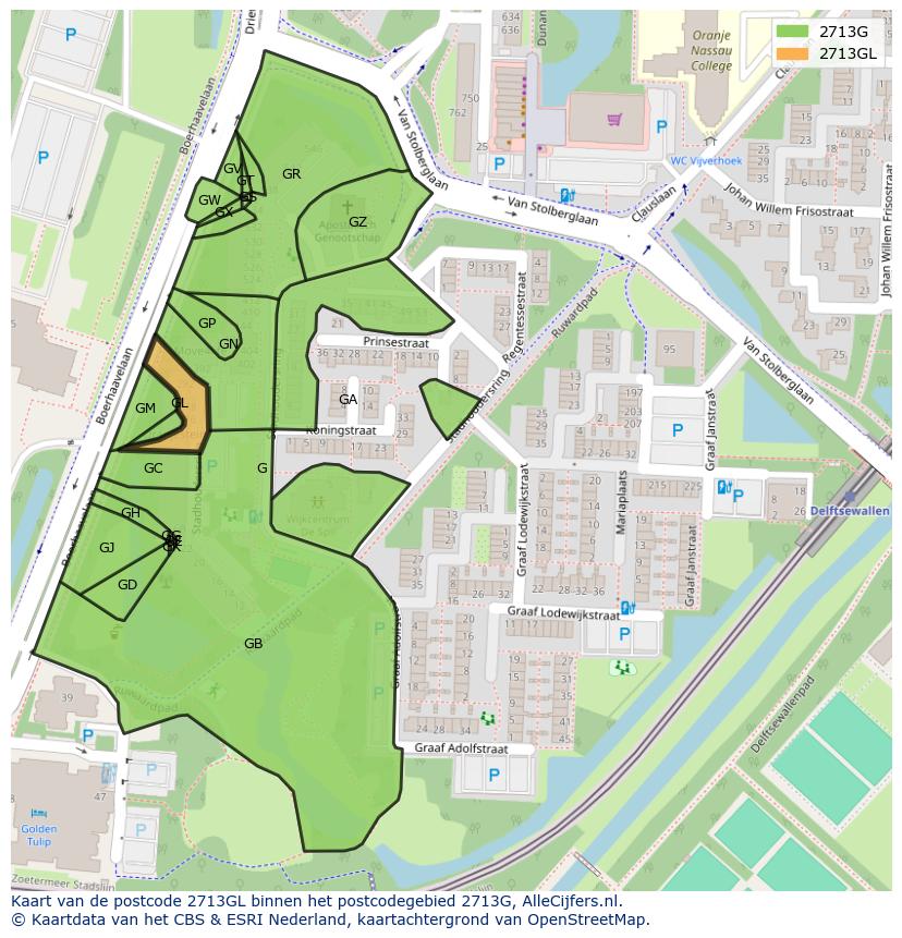 Afbeelding van het postcodegebied 2713 GL op de kaart.