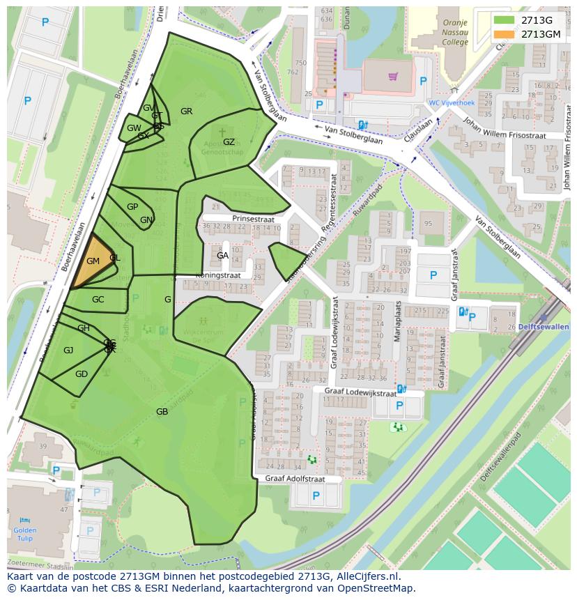Afbeelding van het postcodegebied 2713 GM op de kaart.
