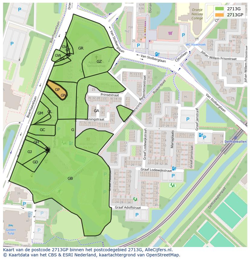 Afbeelding van het postcodegebied 2713 GP op de kaart.