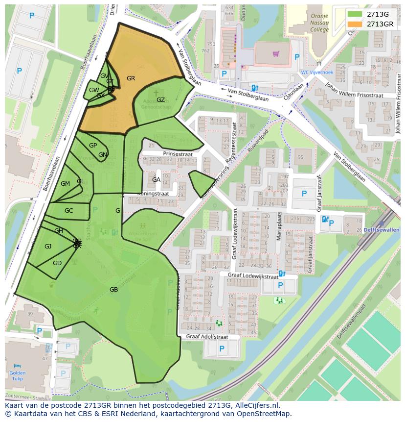 Afbeelding van het postcodegebied 2713 GR op de kaart.