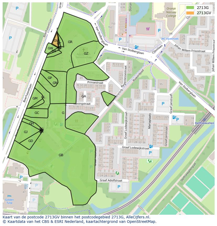 Afbeelding van het postcodegebied 2713 GV op de kaart.