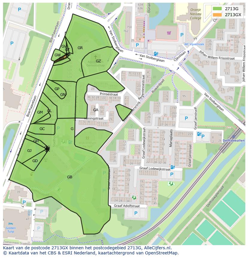 Afbeelding van het postcodegebied 2713 GX op de kaart.