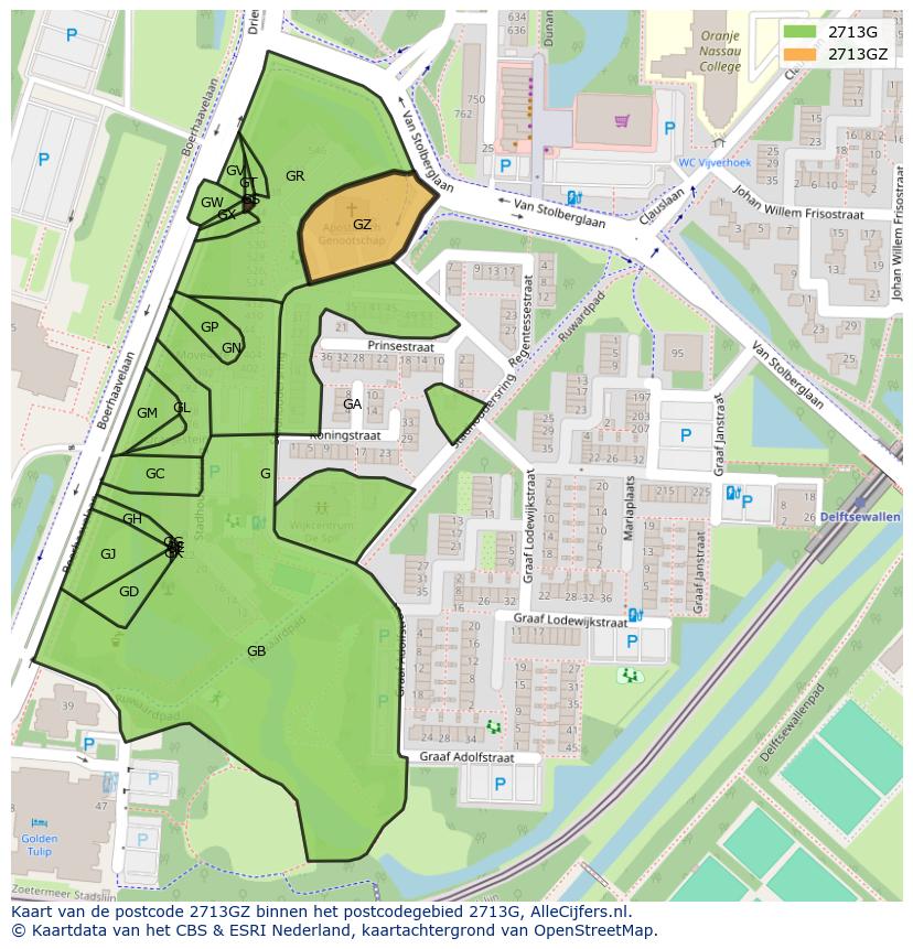 Afbeelding van het postcodegebied 2713 GZ op de kaart.