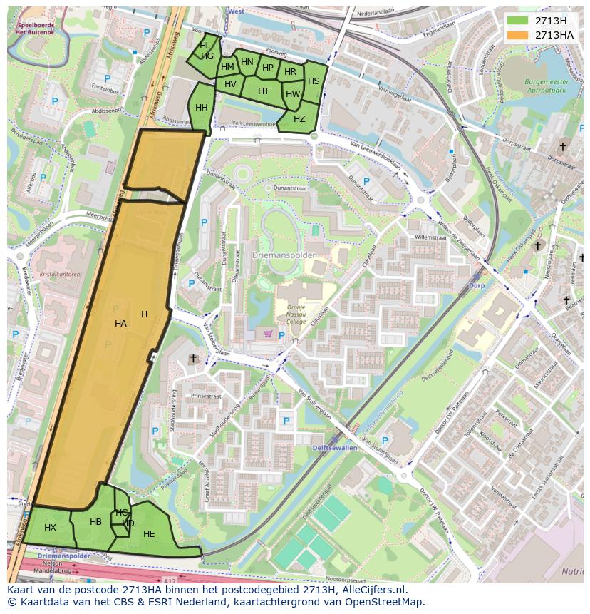 Afbeelding van het postcodegebied 2713 HA op de kaart.