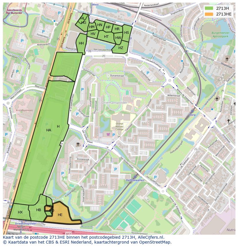 Afbeelding van het postcodegebied 2713 HE op de kaart.