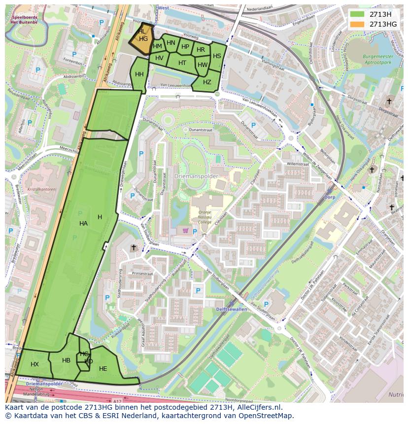 Afbeelding van het postcodegebied 2713 HG op de kaart.