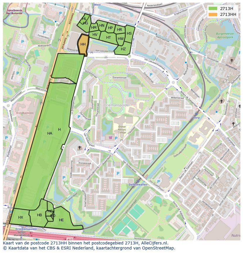 Afbeelding van het postcodegebied 2713 HH op de kaart.