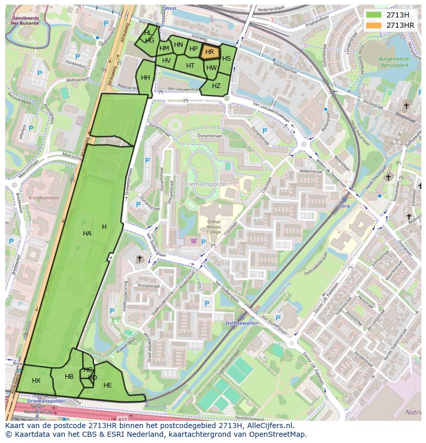 Afbeelding van het postcodegebied 2713 HR op de kaart.