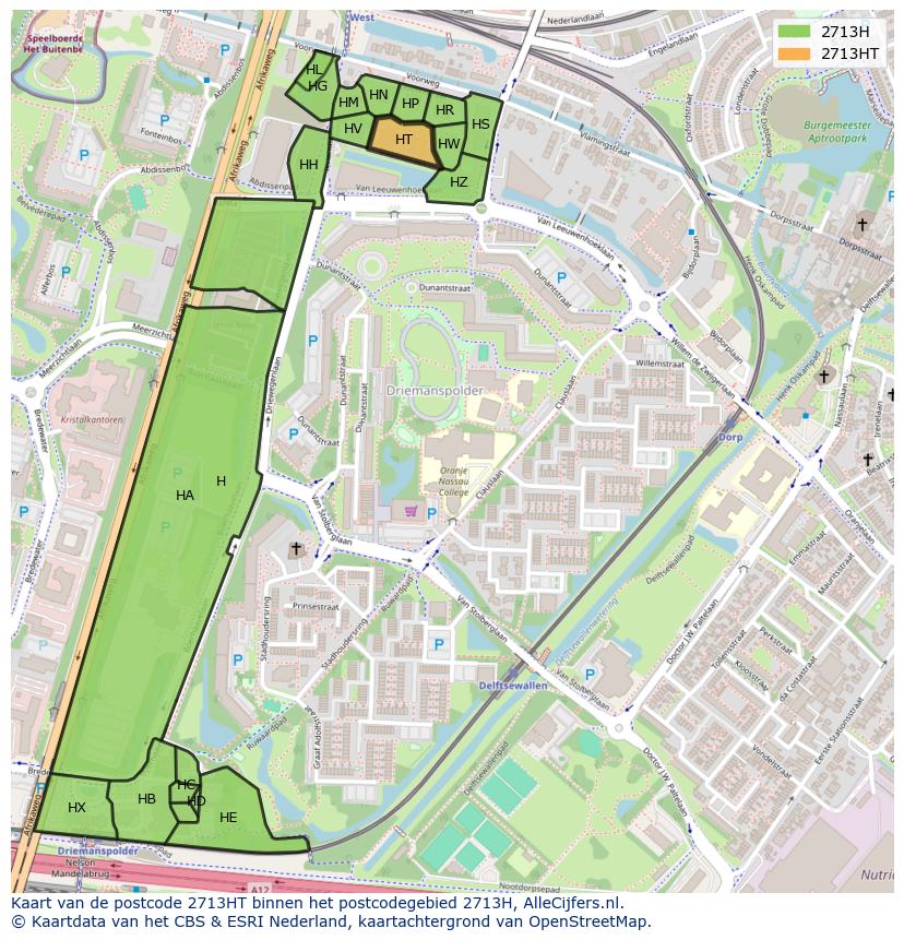 Afbeelding van het postcodegebied 2713 HT op de kaart.