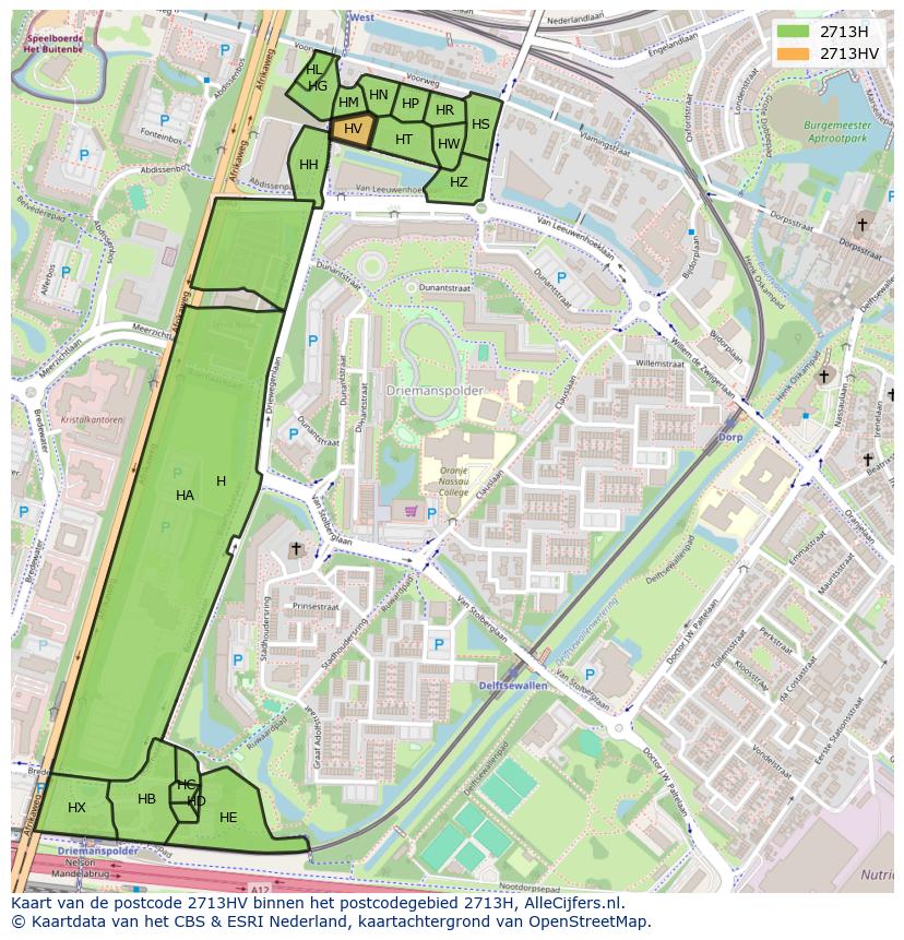 Afbeelding van het postcodegebied 2713 HV op de kaart.