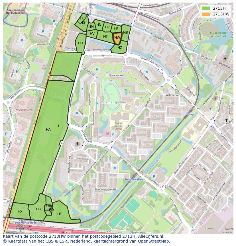 Afbeelding van het postcodegebied 2713 HW op de kaart.
