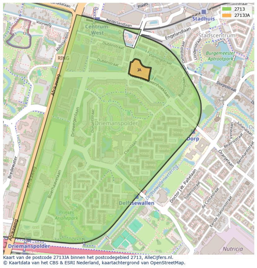 Afbeelding van het postcodegebied 2713 JA op de kaart.