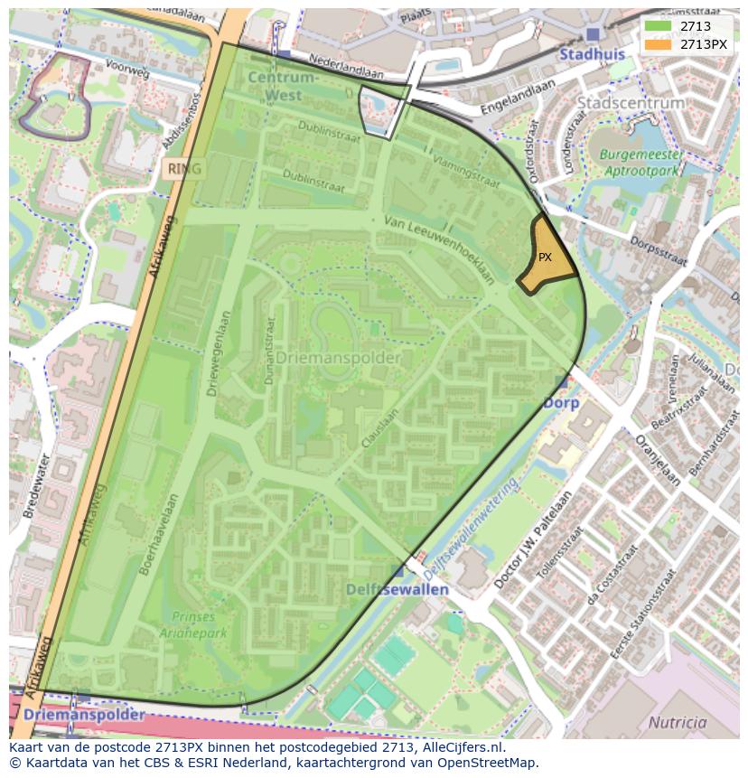 Afbeelding van het postcodegebied 2713 PX op de kaart.