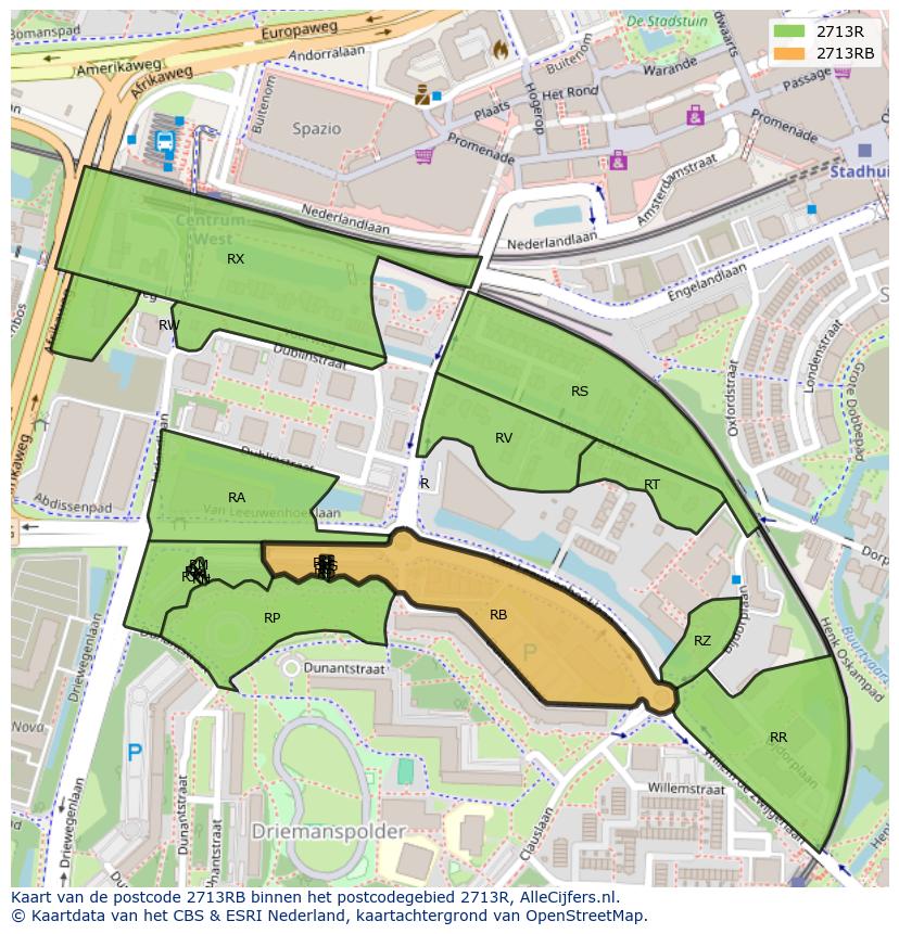 Afbeelding van het postcodegebied 2713 RB op de kaart.