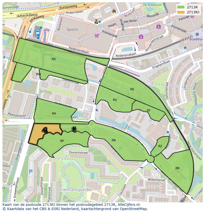 Afbeelding van het postcodegebied 2713 RJ op de kaart.