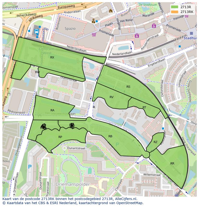 Afbeelding van het postcodegebied 2713 RK op de kaart.