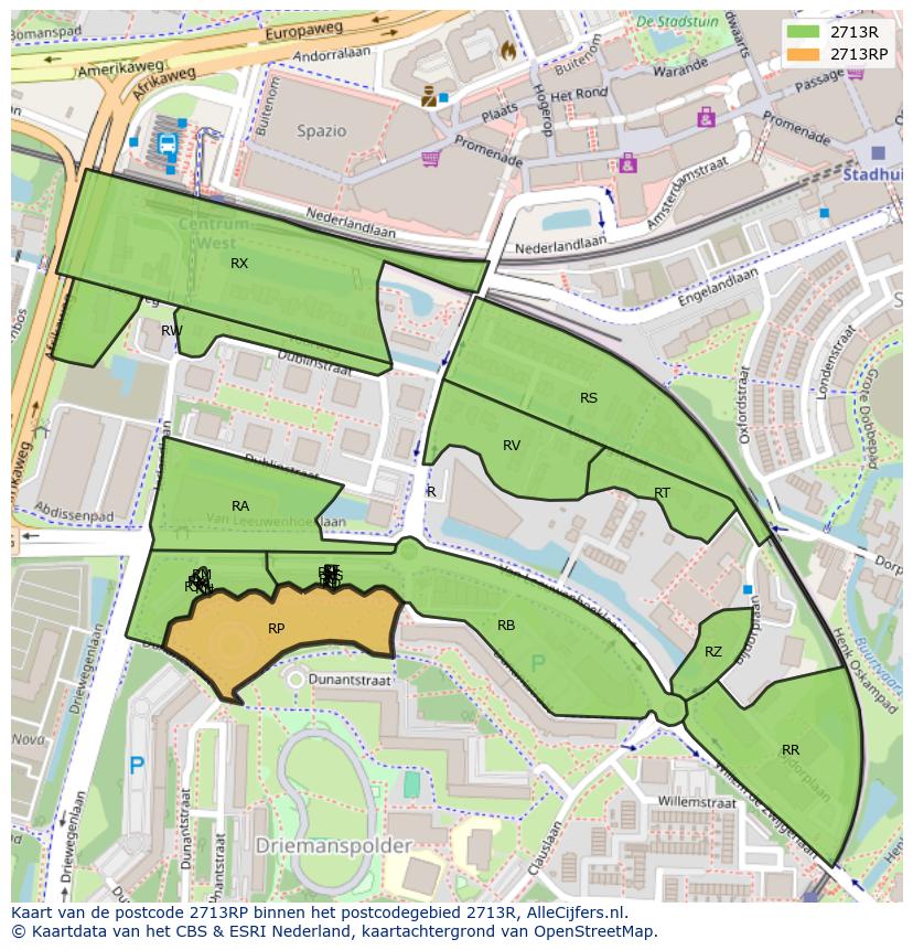 Afbeelding van het postcodegebied 2713 RP op de kaart.